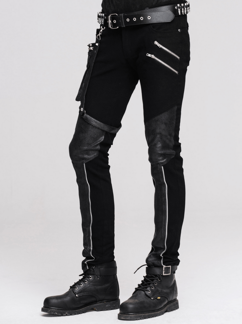 Steampunk Black Pants with Detachable Side Pocket / Gothic Men's Jeans with Silver Zips