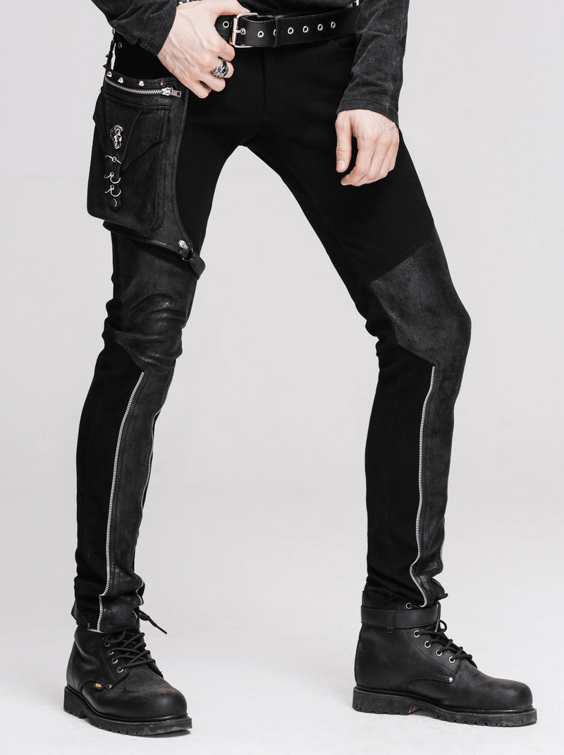 Steampunk Black Pants with Detachable Side Pocket / Gothic Men's Jeans with Silver Zips