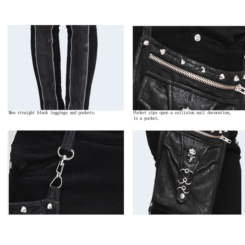 Steampunk Black Pants with Detachable Side Pocket / Gothic Men's Jeans with Silver Zips