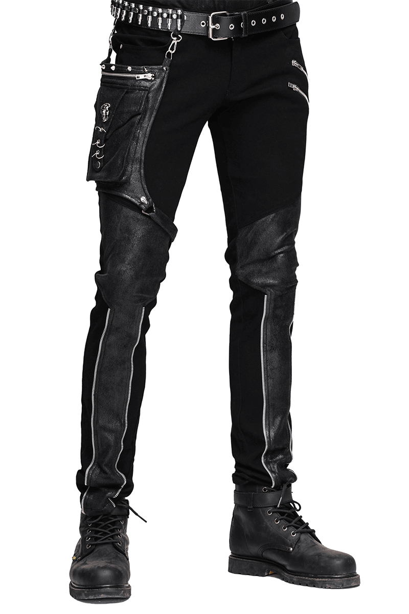 Steampunk Black Pants with Detachable Side Pocket / Gothic Men's Jeans with Silver Zips