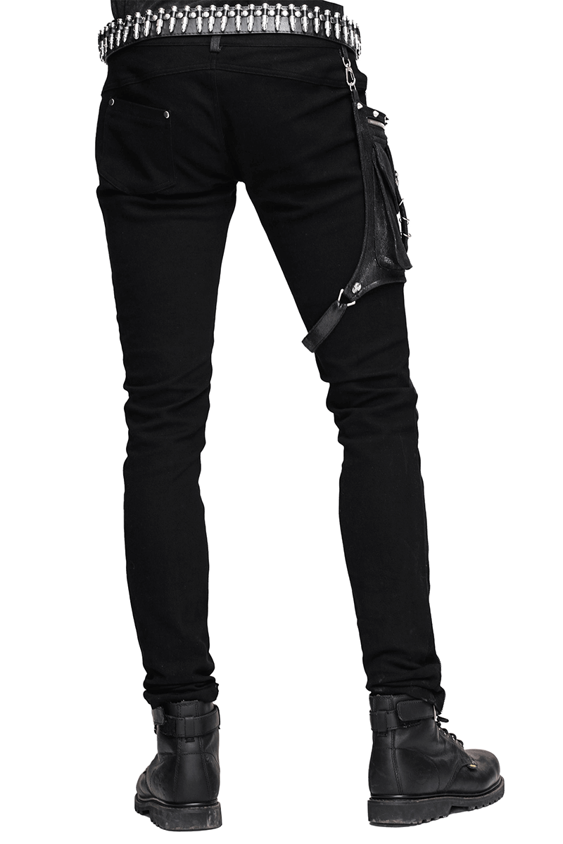 Steampunk Black Pants with Detachable Side Pocket / Gothic Men's Jeans with Silver Zips