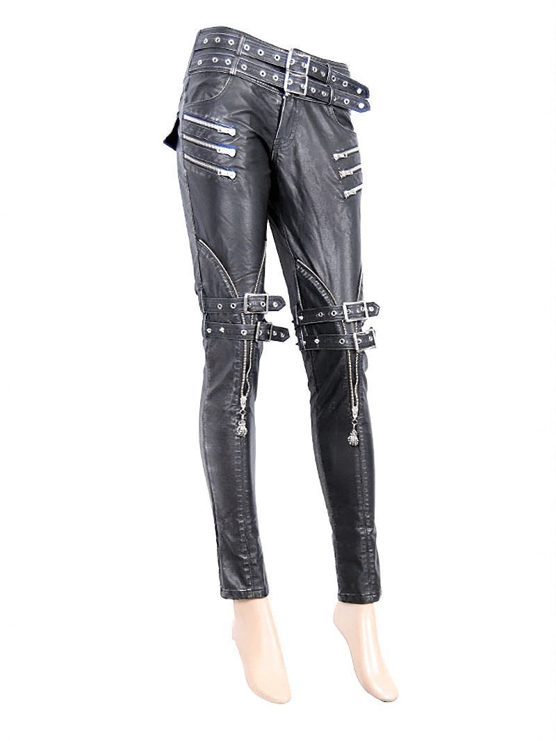 Steampunk Black PU Leather Pants For Women / Gothic Tight Pants with Belts