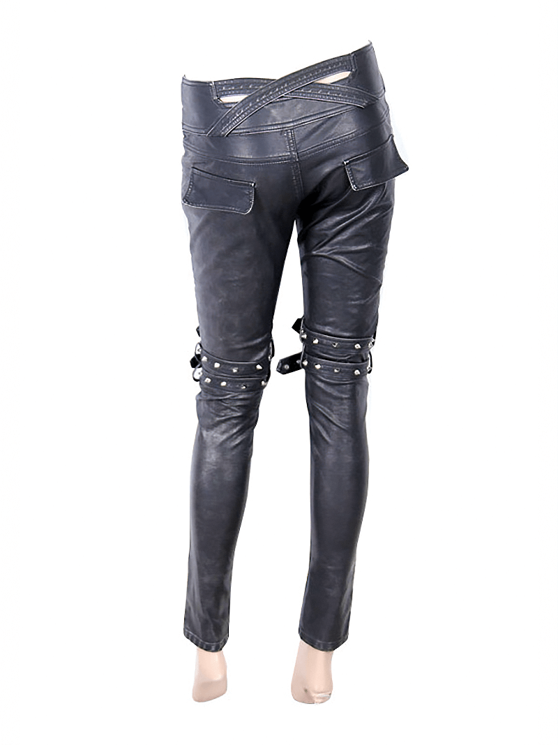 Steampunk Black PU Leather Pants For Women / Gothic Tight Pants with Belts