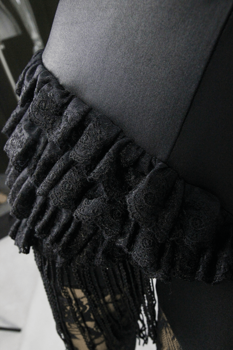 Steampunk Black Transparent Flower Pants / Sexy Lace Leggings with Pu Leather Ruffles