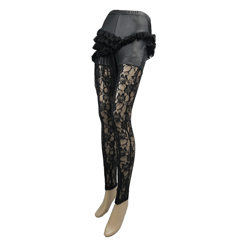 Steampunk Black Transparent Flower Pants / Sexy Lace Leggings with Pu Leather Ruffles