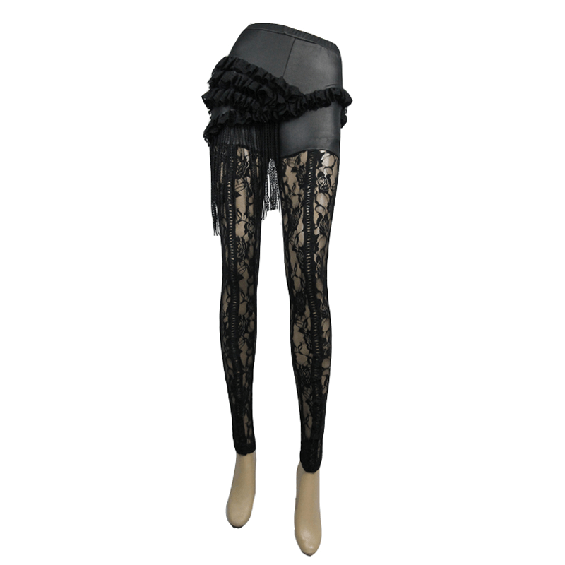 Steampunk Black Transparent Flower Pants / Sexy Lace Leggings with Pu Leather Ruffles