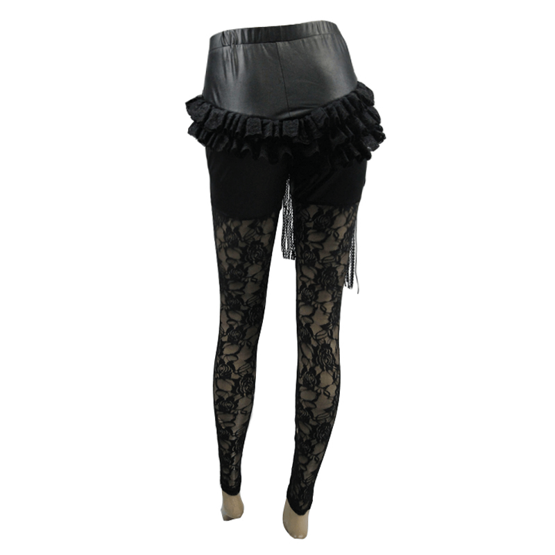 Steampunk Black Transparent Flower Pants / Sexy Lace Leggings with Pu Leather Ruffles
