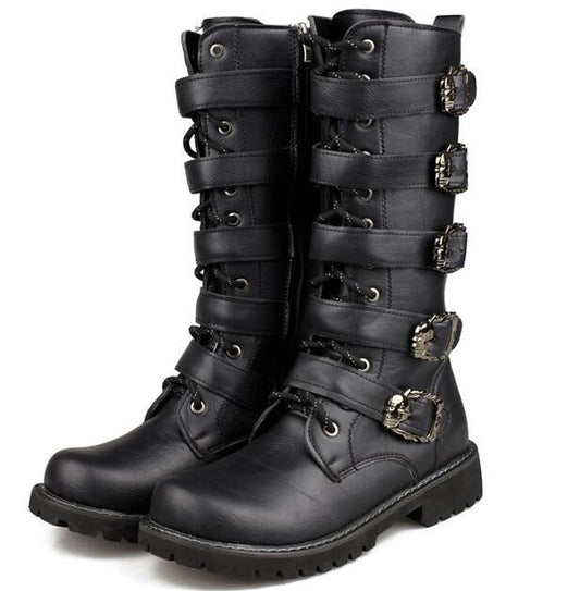 Steampunk Boots with skull buckles / Mid-calf Combat Footwear / Goth Shoes
