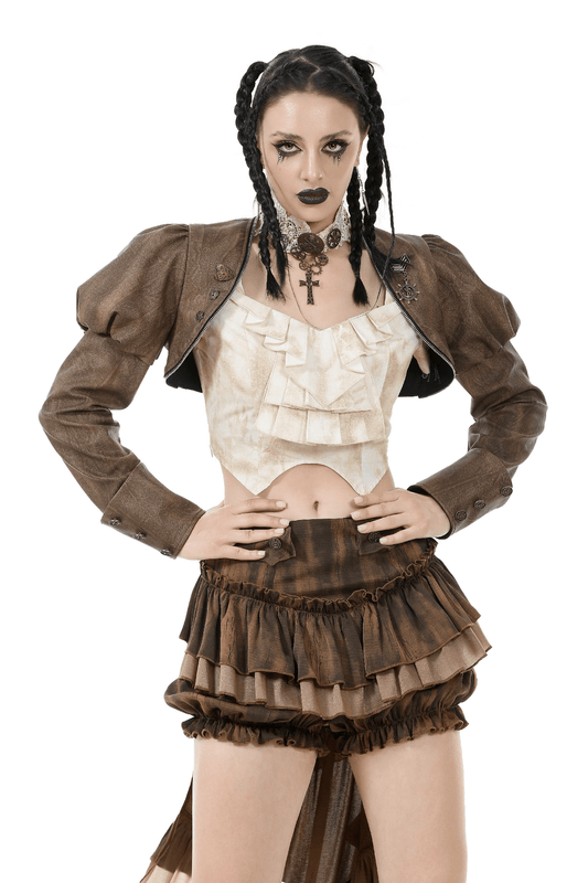 Steampunk Brown PU Leather Bolero Shrug Jacket Sleeves