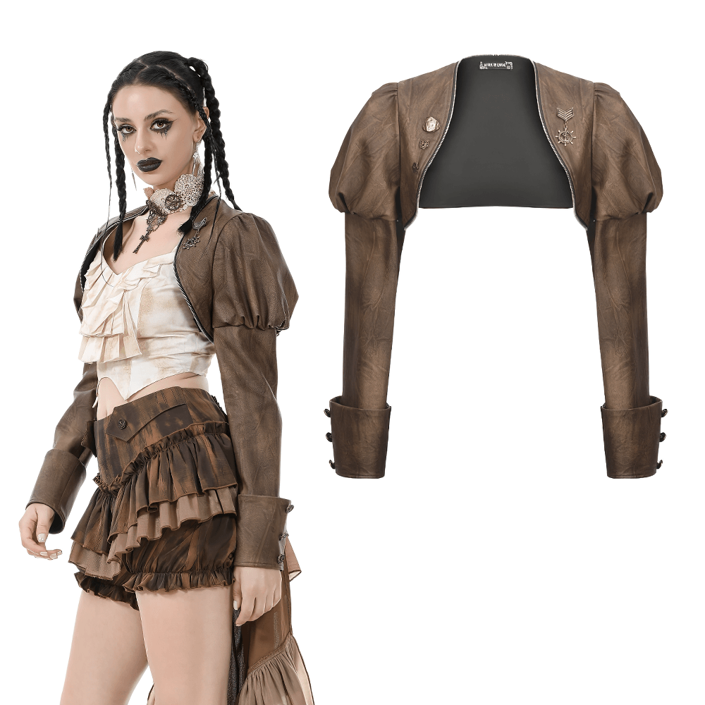 Steampunk Brown PU Leather Bolero Shrug Jacket Sleeves