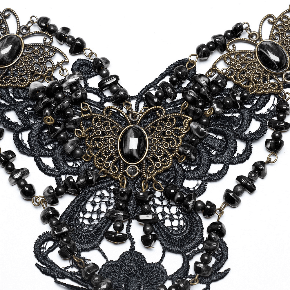 Steampunk Butterfly Necklace with Natural Stones and Lace