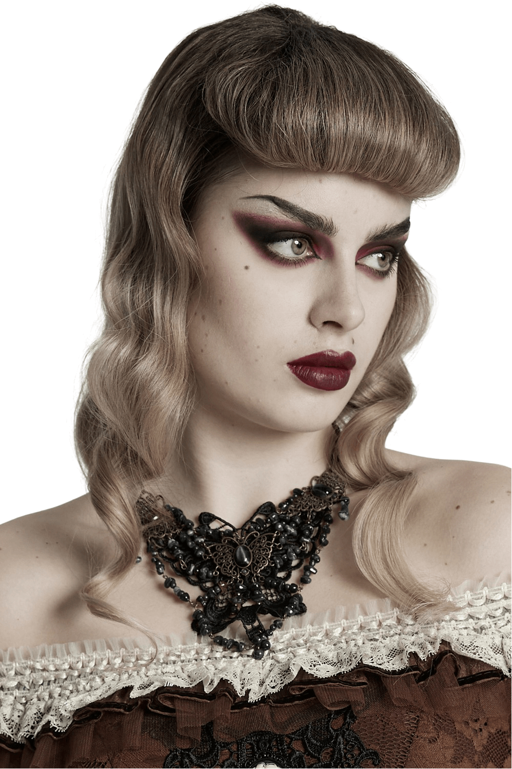 Steampunk Butterfly Necklace with Natural Stones and Lace