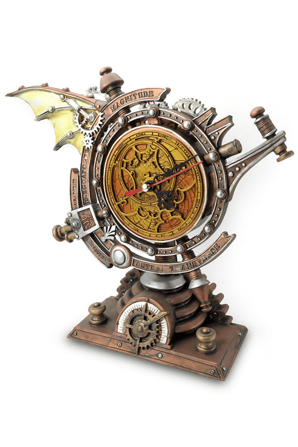 Steampunk Celestial Chronometer Clock with Gears and Wings