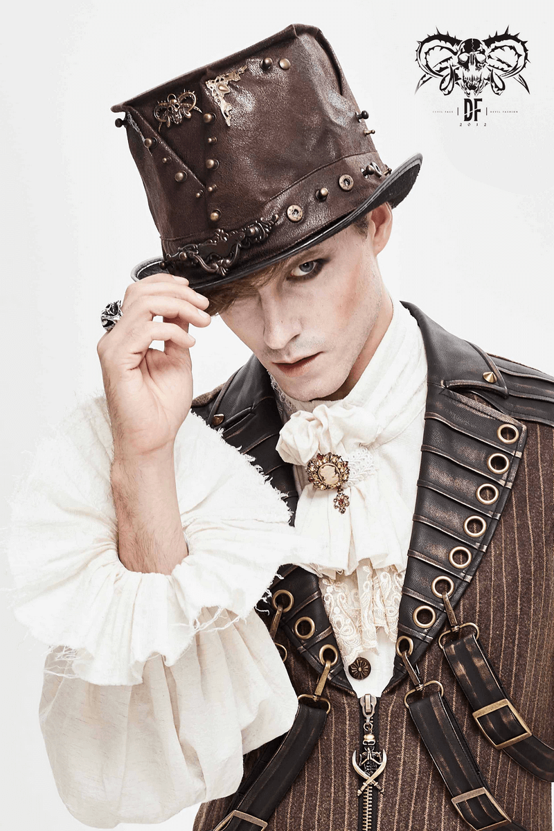 Steampunk Devil Skull Hat with Metal Rivets / Men's Brown PU Leather Hat