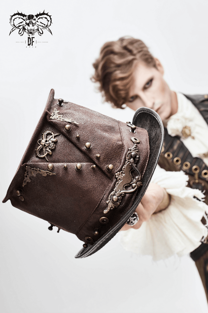 Steampunk Devil Skull Hat with Metal Rivets / Men's Brown PU Leather Hat