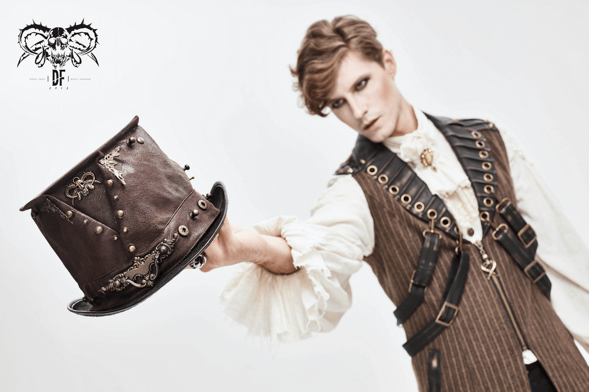 Steampunk Devil Skull Hat with Metal Rivets / Men's Brown PU Leather Hat