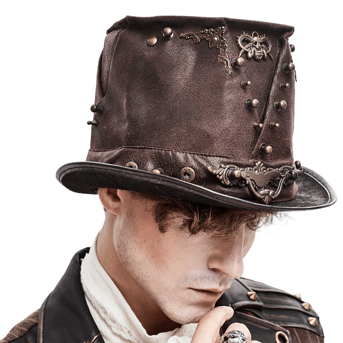 Steampunk Devil Skull Hat with Metal Rivets / Men's Brown PU Leather Hat