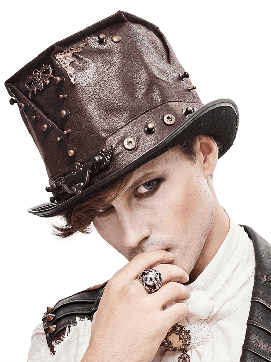 Steampunk Devil Skull Hat with Metal Rivets / Men's Brown PU Leather Hat