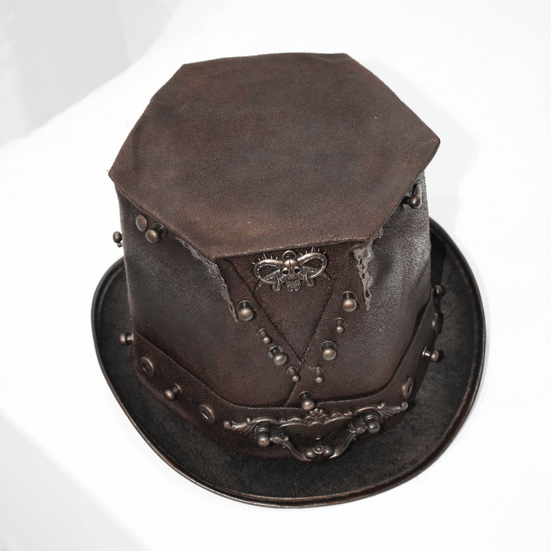 Steampunk Devil Skull Hat with Metal Rivets / Men's Brown PU Leather Hat