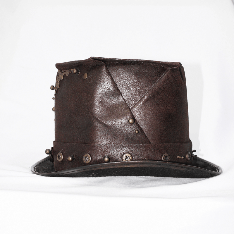 Steampunk Devil Skull Hat with Metal Rivets / Men's Brown PU Leather Hat