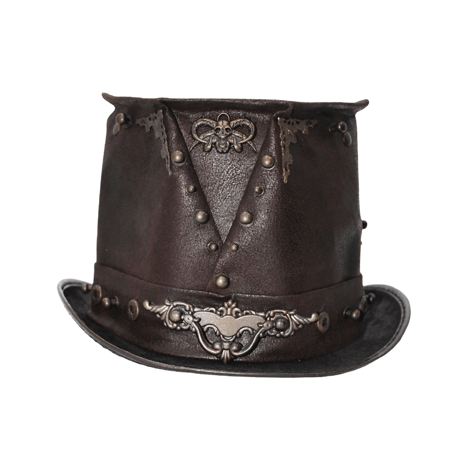 Steampunk Devil Skull Hat with Metal Rivets / Men's Brown PU Leather Hat