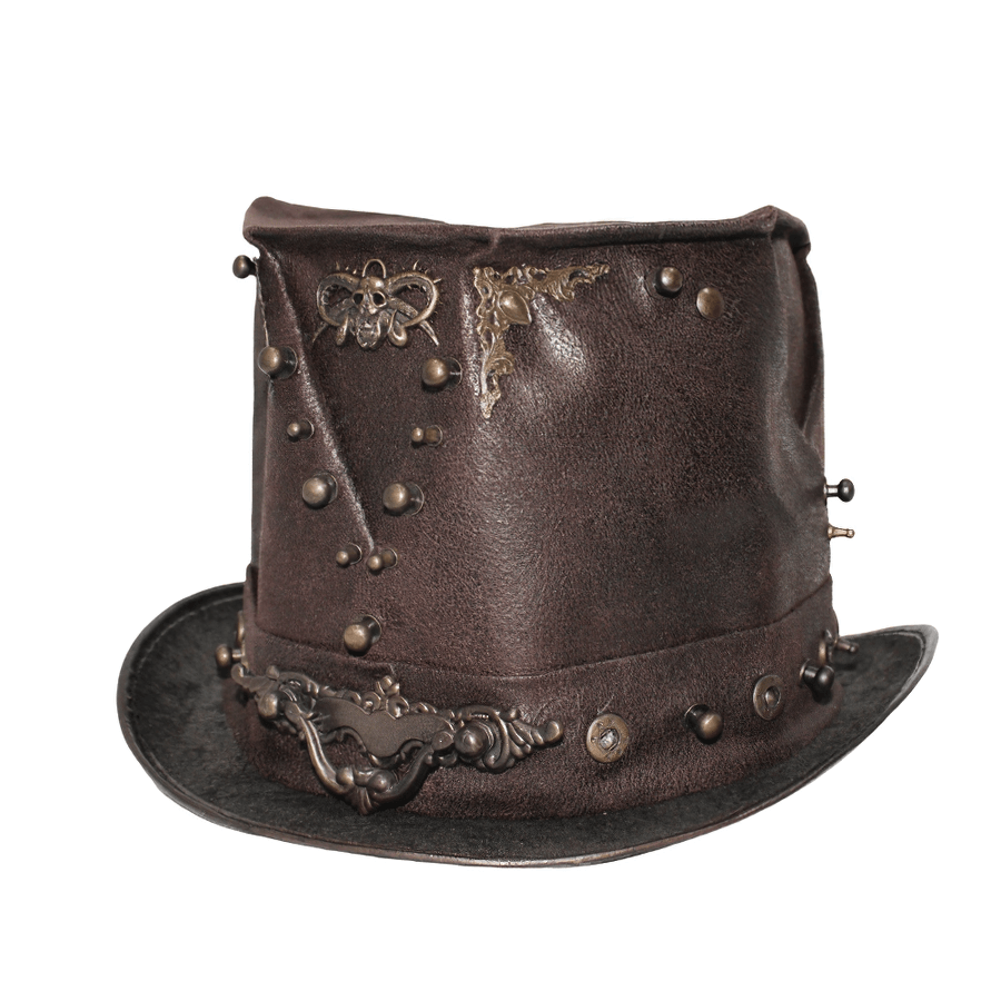 Steampunk Devil Skull Hat with Metal Rivets / Men's Brown PU Leather Hat