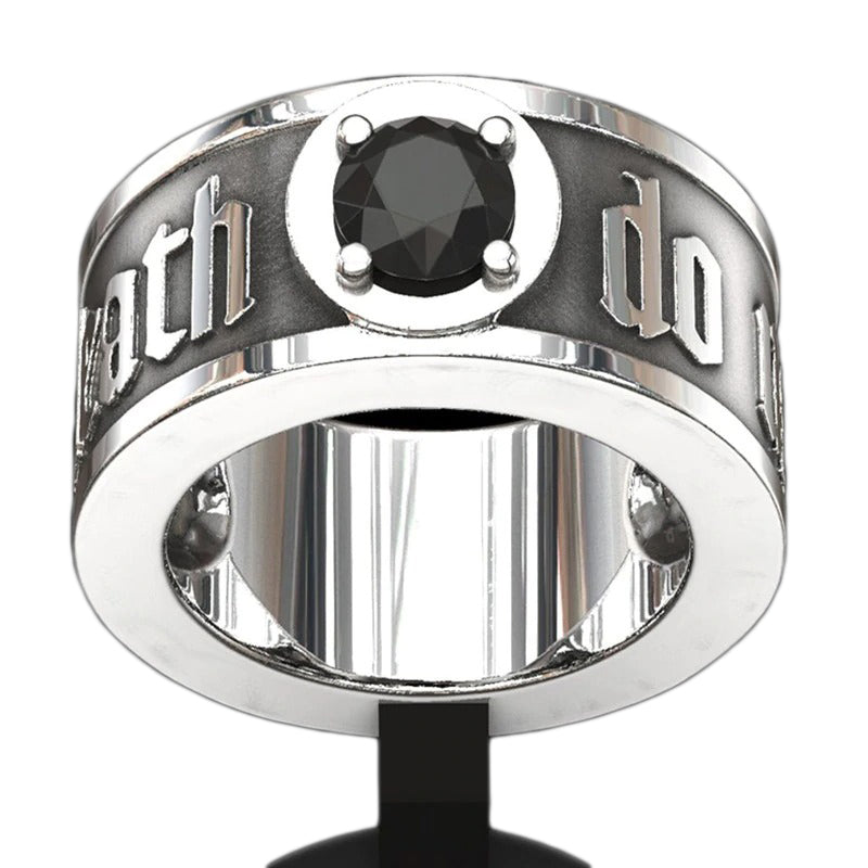 'Til Death Do Its Part' Skull Ring with Black Crystal / Punk Rock Engagement Jewelry for Men & Women