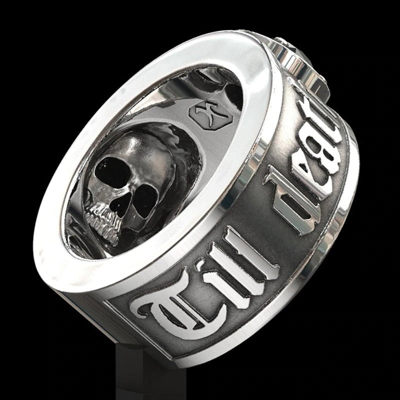 'Til Death Do Its Part' Skull Ring with Black Crystal / Punk Rock Engagement Jewelry for Men & Women