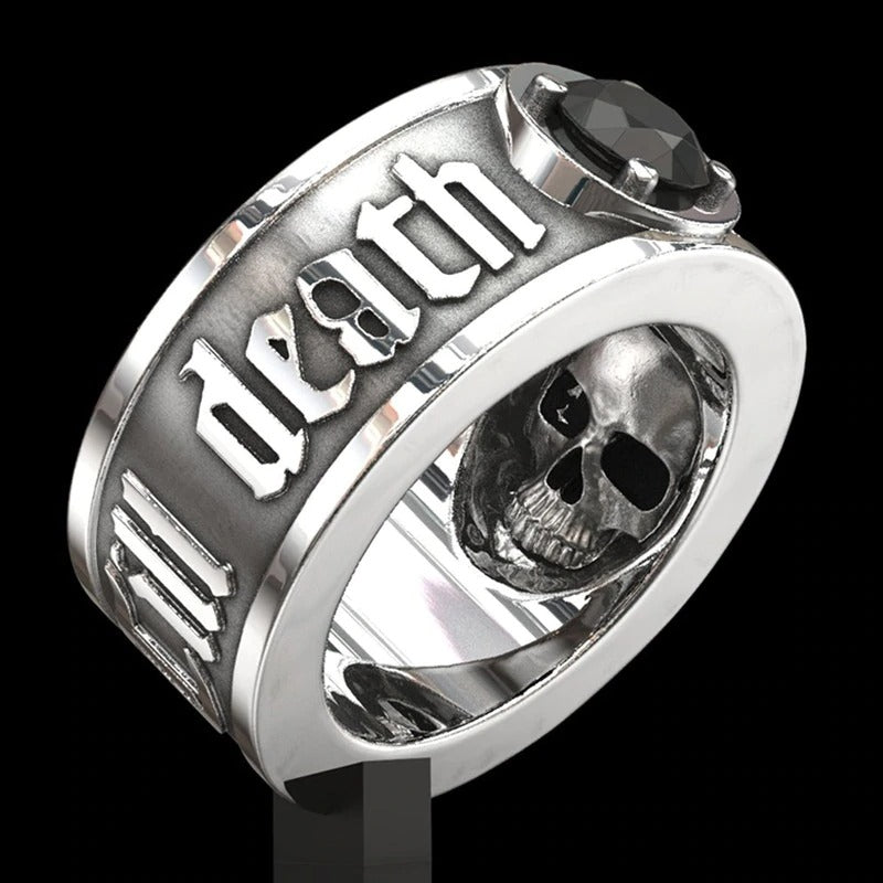 'Til Death Do Its Part' Skull Ring with Black Crystal / Punk Rock Engagement Jewelry for Men & Women