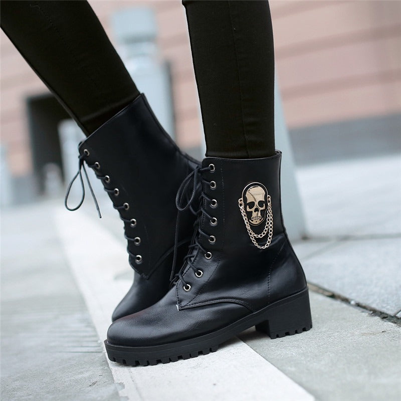 CLEARANCE / Women Ankle Boots with Skull and Chain - US