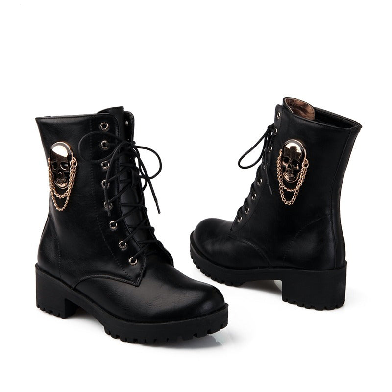 CLEARANCE / Women Ankle Boots with Skull and Chain - US