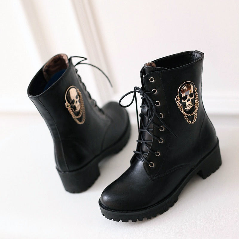 CLEARANCE / Women Ankle Boots with Skull and Chain - US