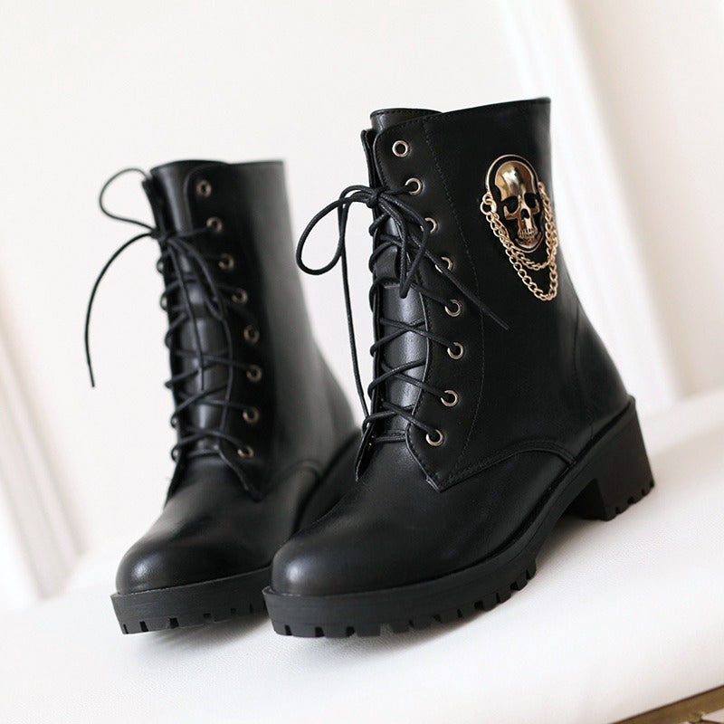 CLEARANCE / Women Ankle Boots with Skull and Chain - US