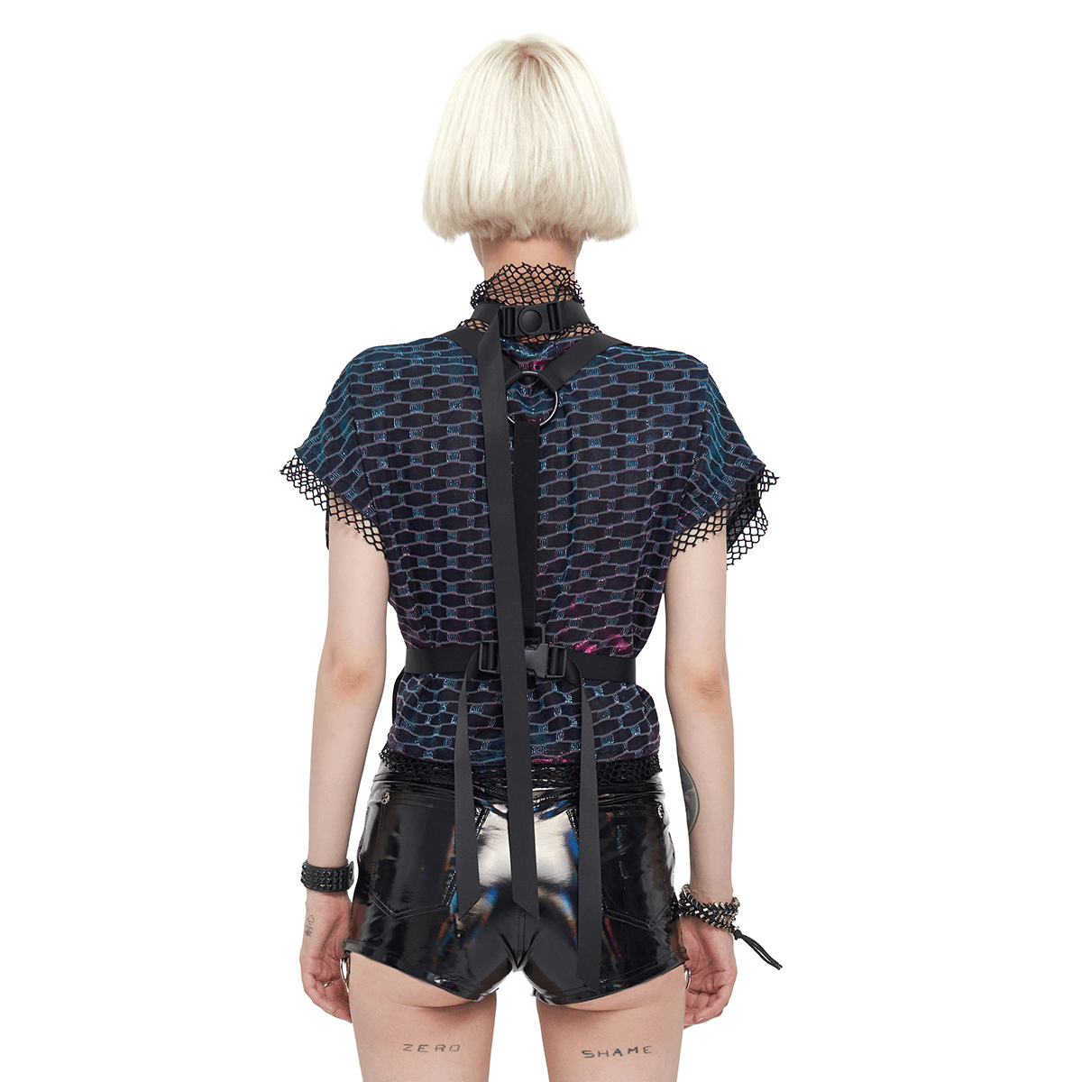 Grunge Batwing Mesh Top with Buckle Strap Harness
