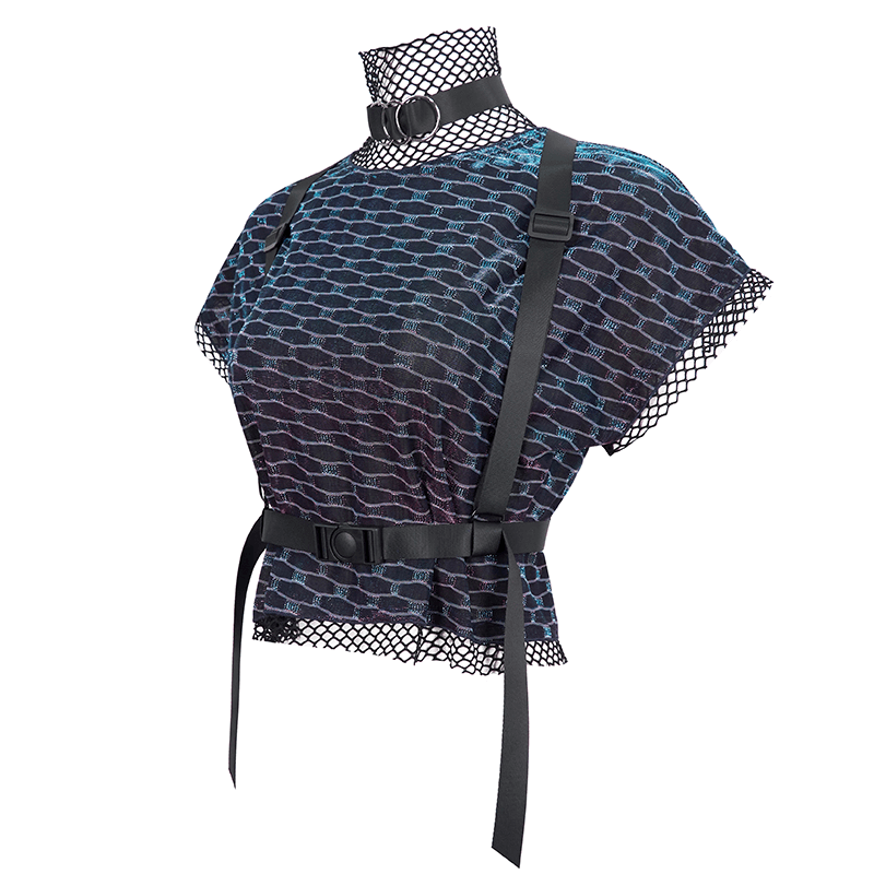 Grunge Batwing Mesh Top with Buckle Strap Harness