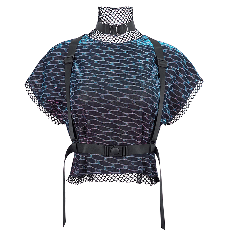 Grunge Batwing Mesh Top with Buckle Strap Harness