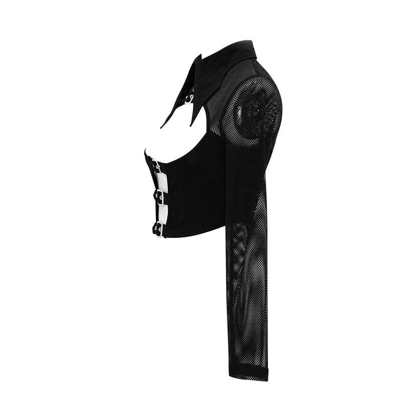 Punk Gothic Black Mesh Crop Top with Buckle & Collar