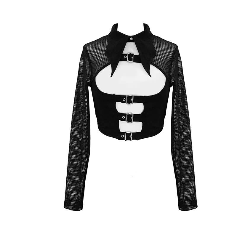 Punk Gothic Black Mesh Crop Top with Buckle & Collar