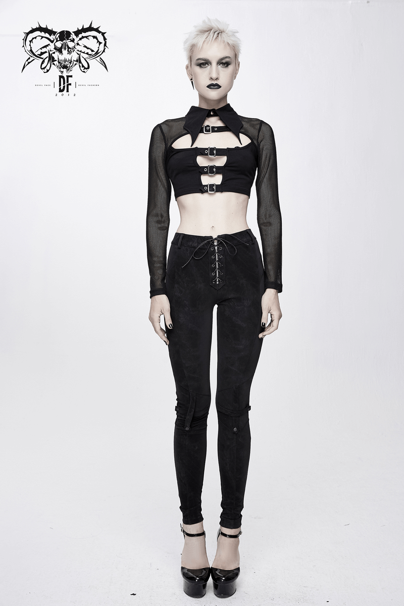 Punk Gothic Black Mesh Crop Top with Buckle & Collar