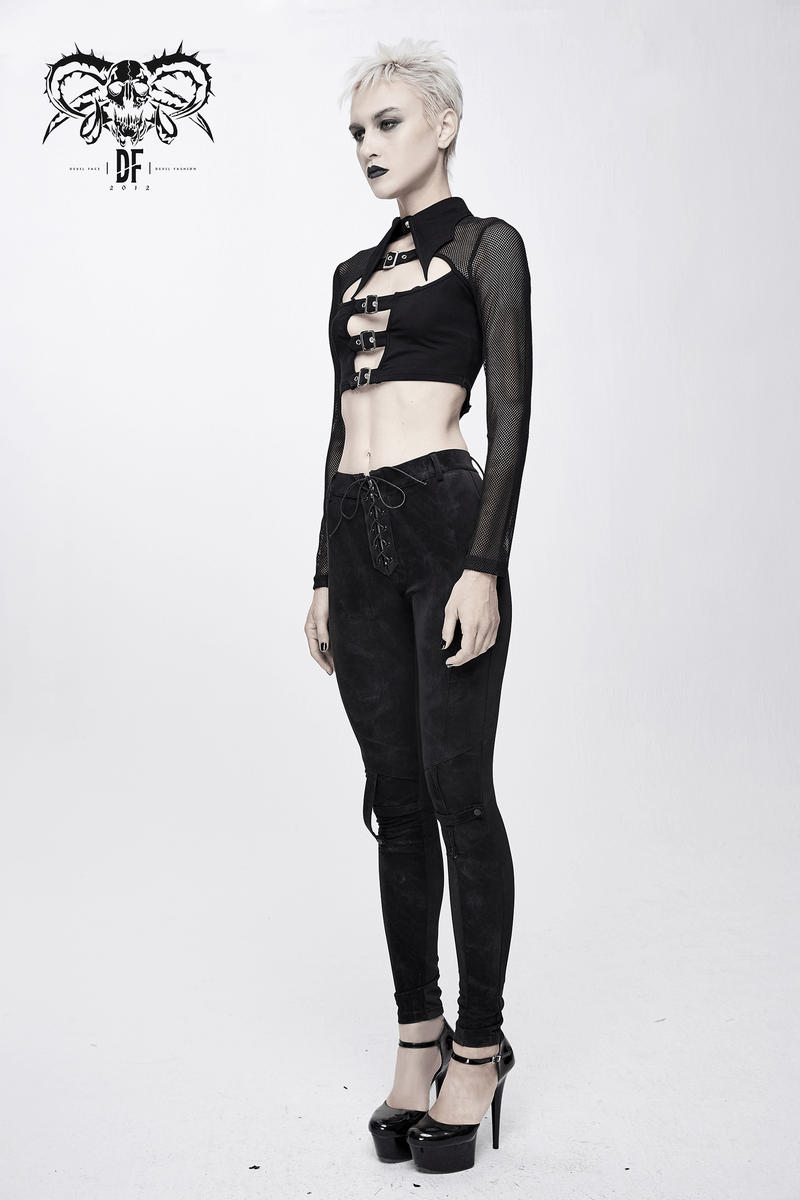 Punk Gothic Black Mesh Crop Top with Buckle & Collar
