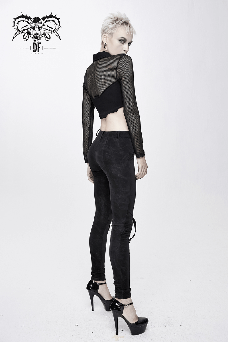 Punk Gothic Black Mesh Crop Top with Buckle & Collar