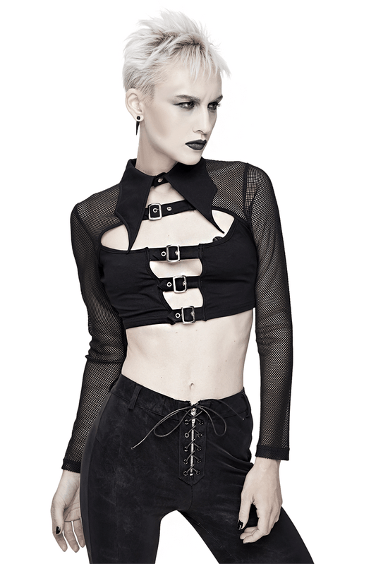 Punk Gothic Black Mesh Crop Top with Buckle & Collar