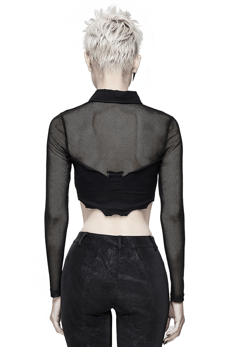 Punk Gothic Black Mesh Crop Top with Buckle & Collar
