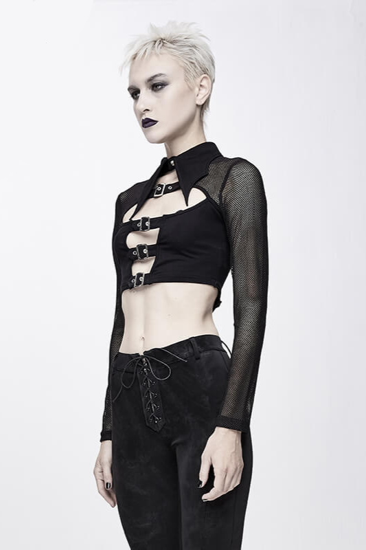 Punk Gothic Black Mesh Crop Top with Buckle & Collar